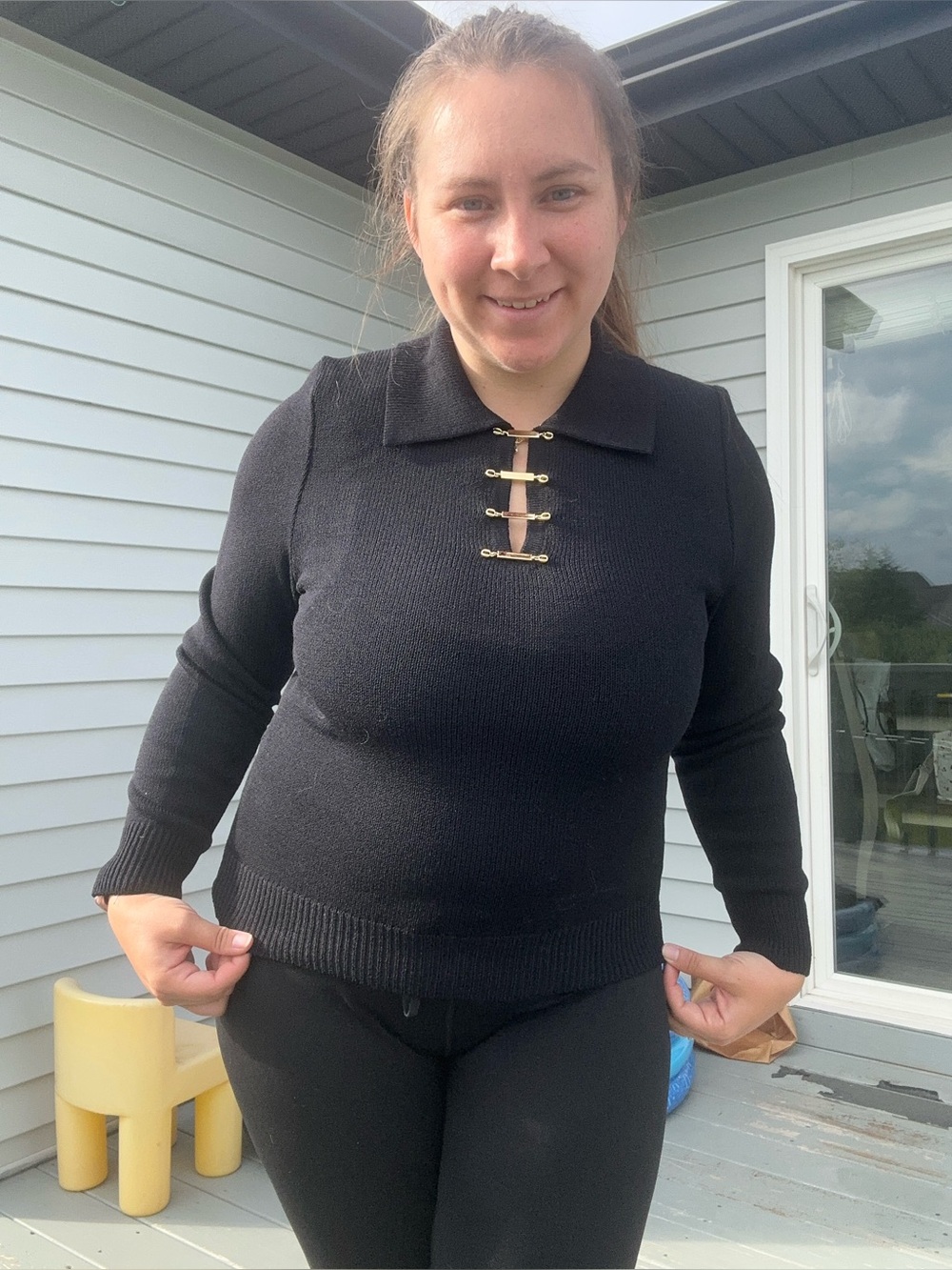 St. John Collection | Black Knit Polo Sweater Gold Tone Fasteners | Size Small